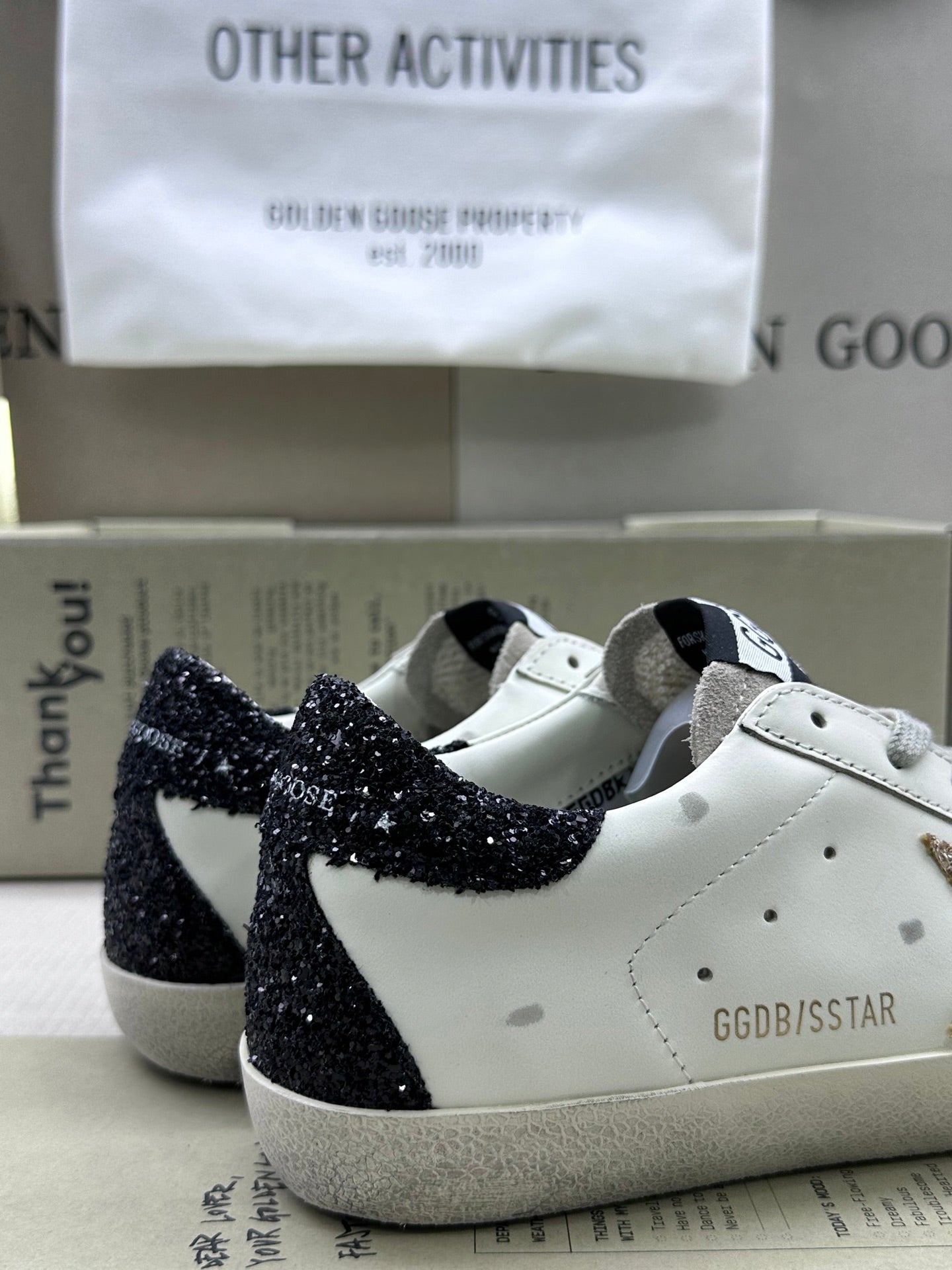 Golden Goose Super-Star 'Gold Glitter Star/Black Glitter Heel Tab'