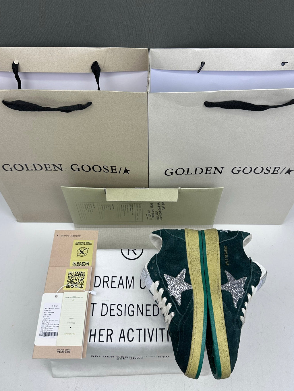 Golden Goose Ball-Star 'Dark Green Suede Silver Glitter Star/Dark Green Heel Tab'