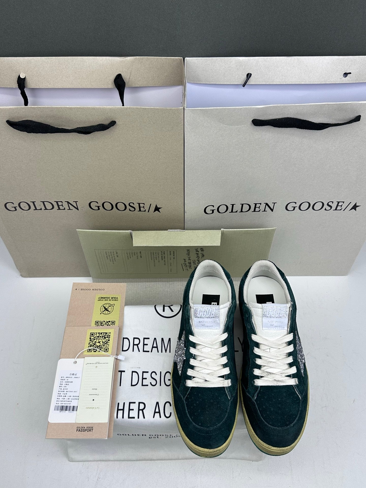 Golden Goose Ball-Star 'Dark Green Suede Silver Glitter Star/Dark Green Heel Tab'