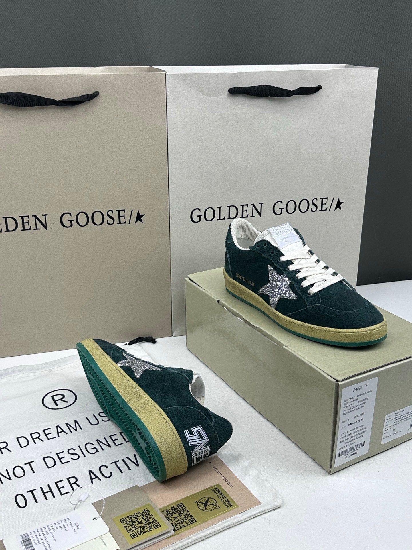 Golden Goose Ball-Star 'Dark Green Suede Silver Glitter Star/Dark Green Heel Tab'