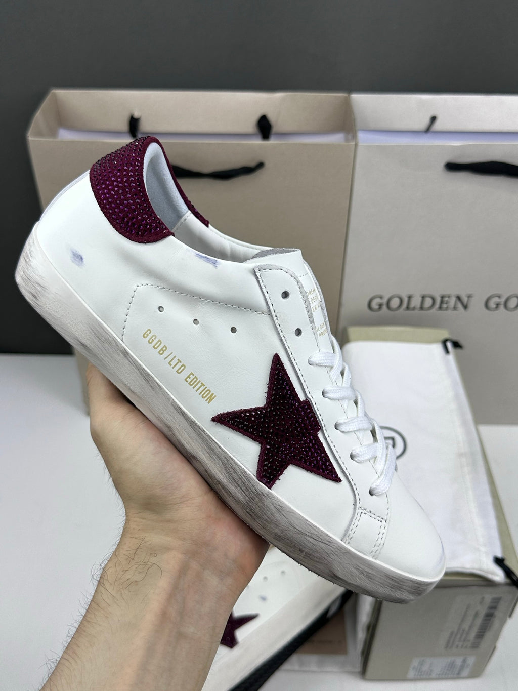 Golden Goose Super-Star 'Burgundy Swarovski Crystals Star & Heel Tab'