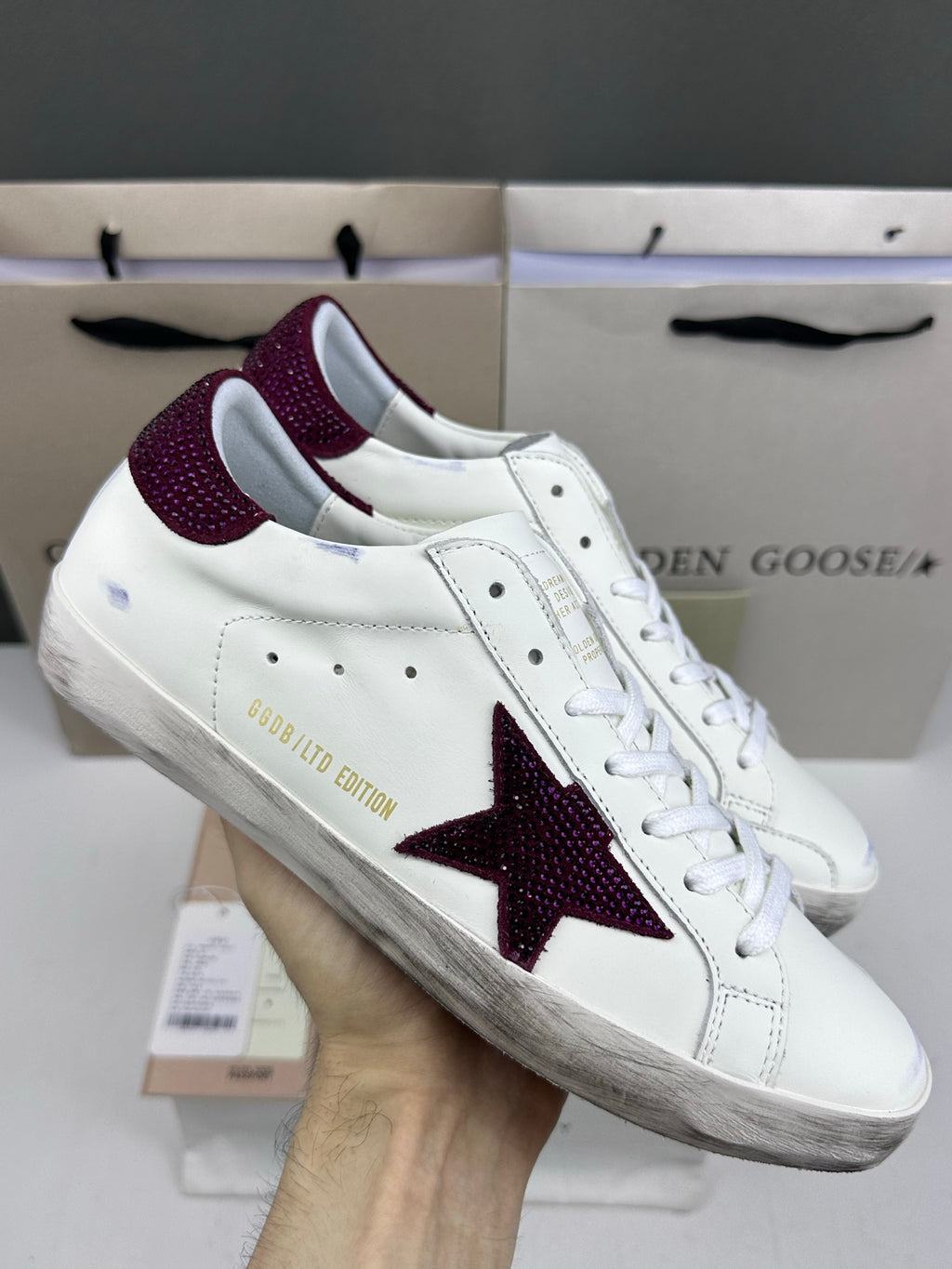 Golden Goose Super-Star 'Burgundy Swarovski Crystals Star & Heel Tab'