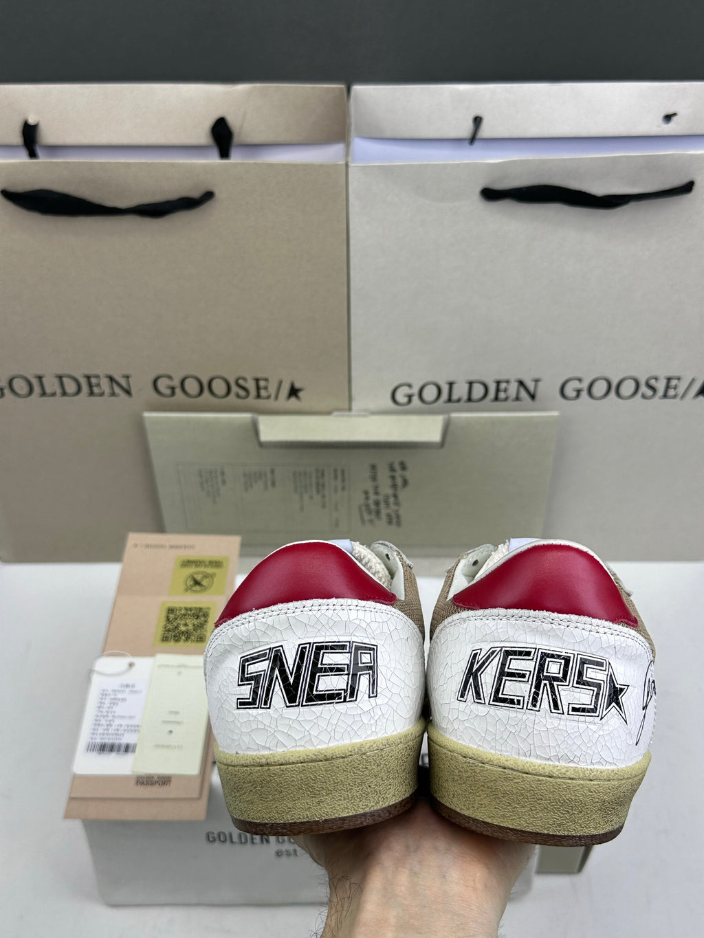 Golden Goose Ball-Star 'Beige Mesh Silver Star/Red Heel Tab'
