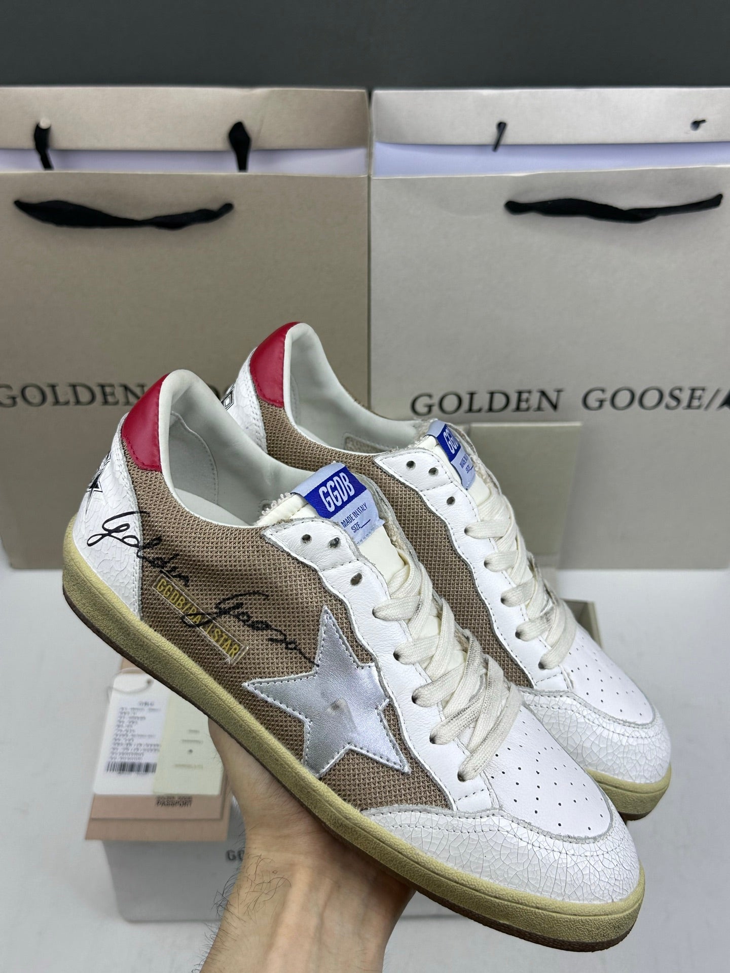 Golden Goose Ball-Star 'Brown Mesh Silver Star/Red Heel Tab'