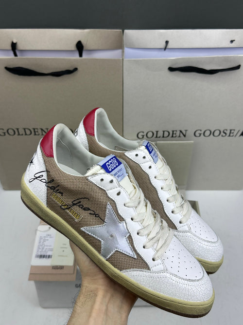 Golden Goose Ball-Star 'Brown Mesh Silver Star/Red Heel Tab'