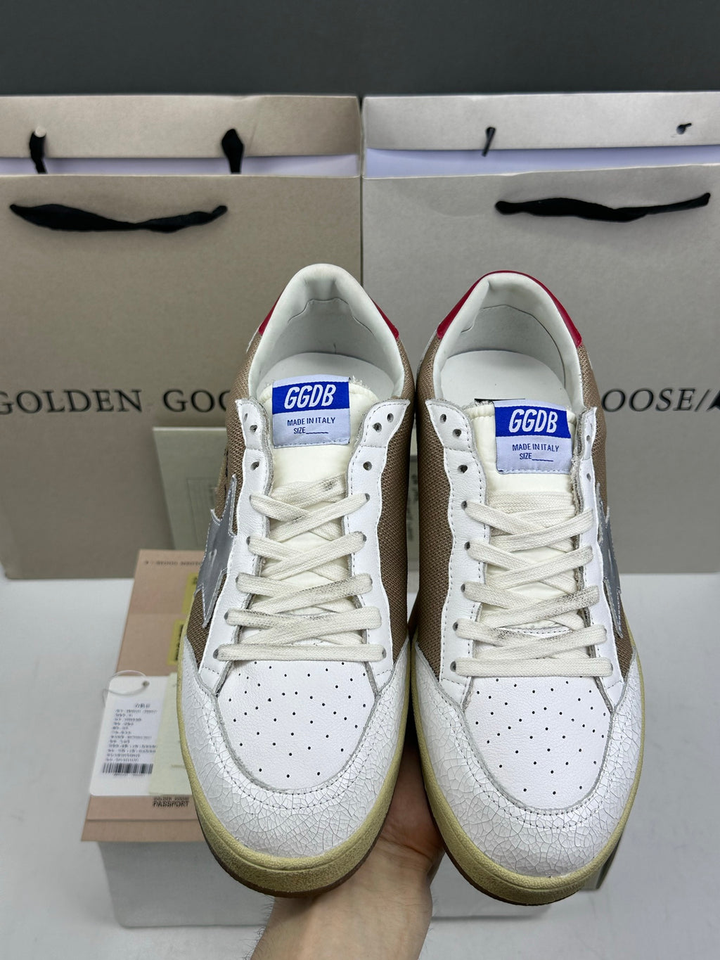 Golden Goose Ball-Star 'Brown Mesh Silver Star/Red Heel Tab'