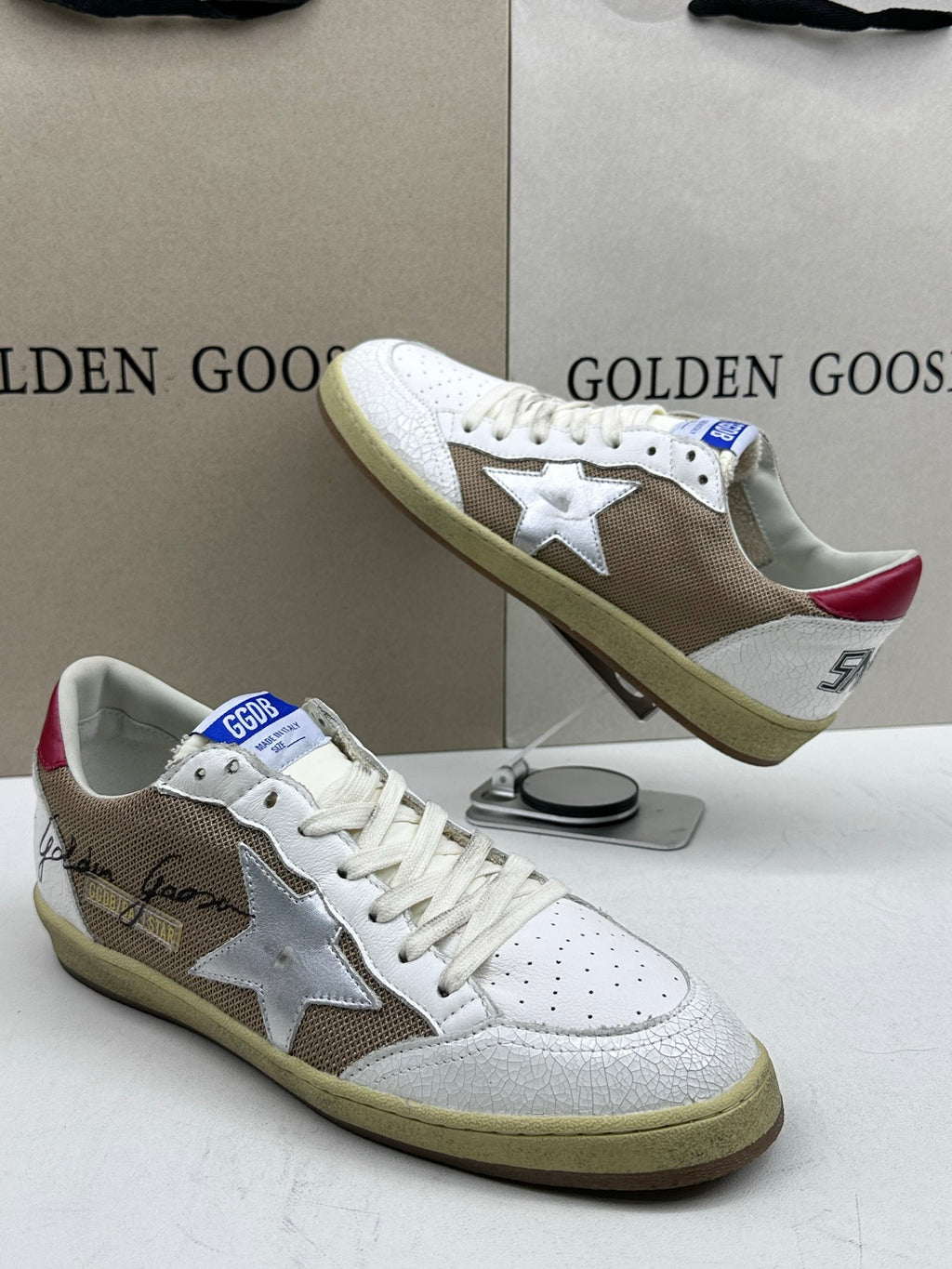 Golden Goose Ball-Star 'Beige Mesh Silver Star/Red Heel Tab'