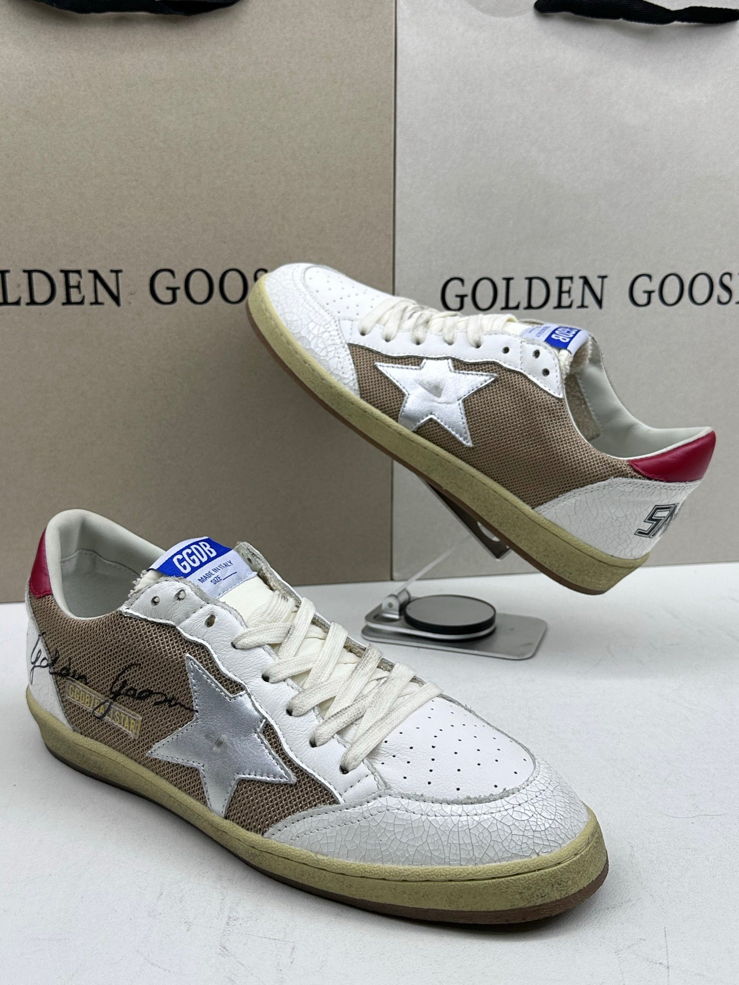 Golden Goose Ball-Star 'Beige Mesh Silver Star/Red Heel Tab'
