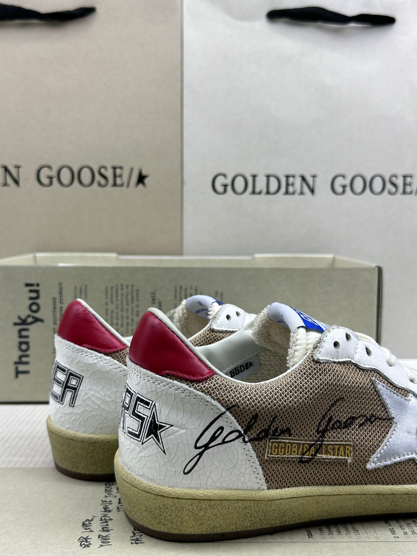 Golden Goose Ball-Star 'Beige Mesh Silver Star/Red Heel Tab'