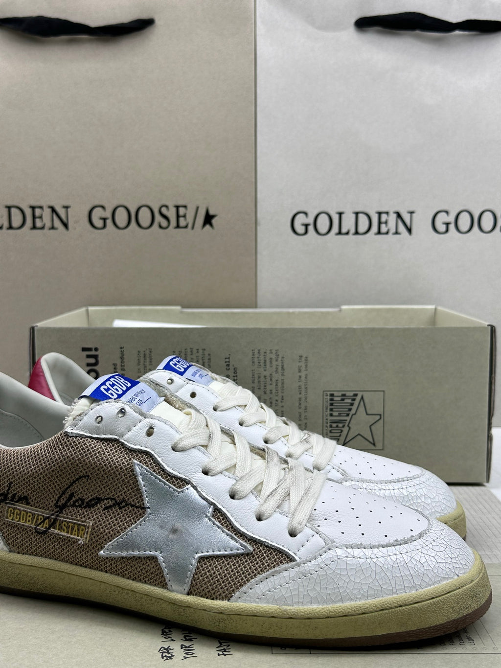 Golden Goose Ball-Star 'Beige Mesh Silver Star/Red Heel Tab'