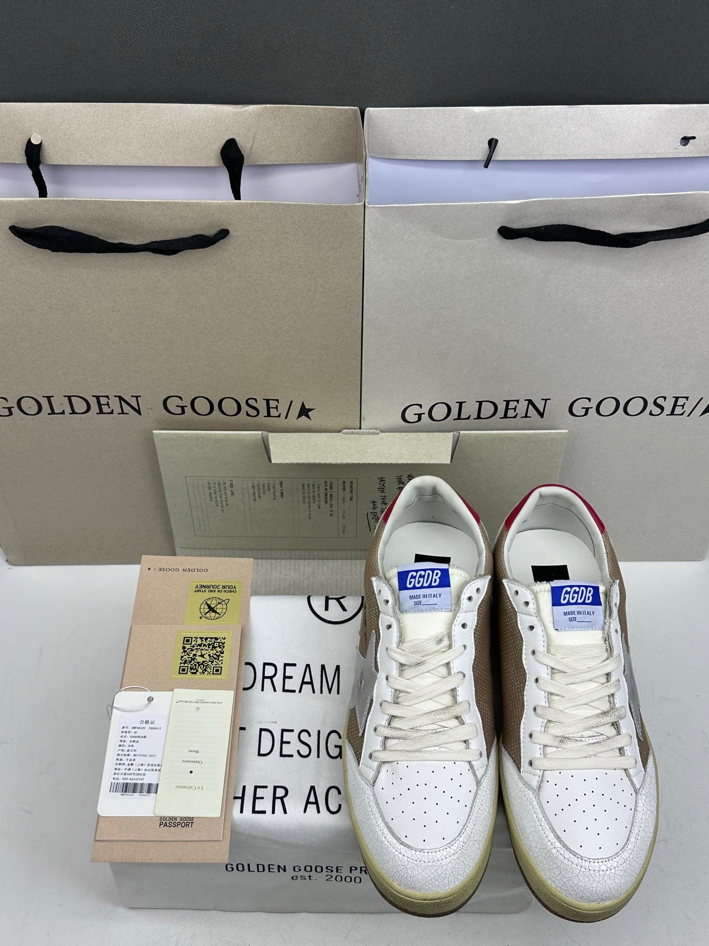 Golden Goose Ball-Star 'Beige Mesh Silver Star/Red Heel Tab'