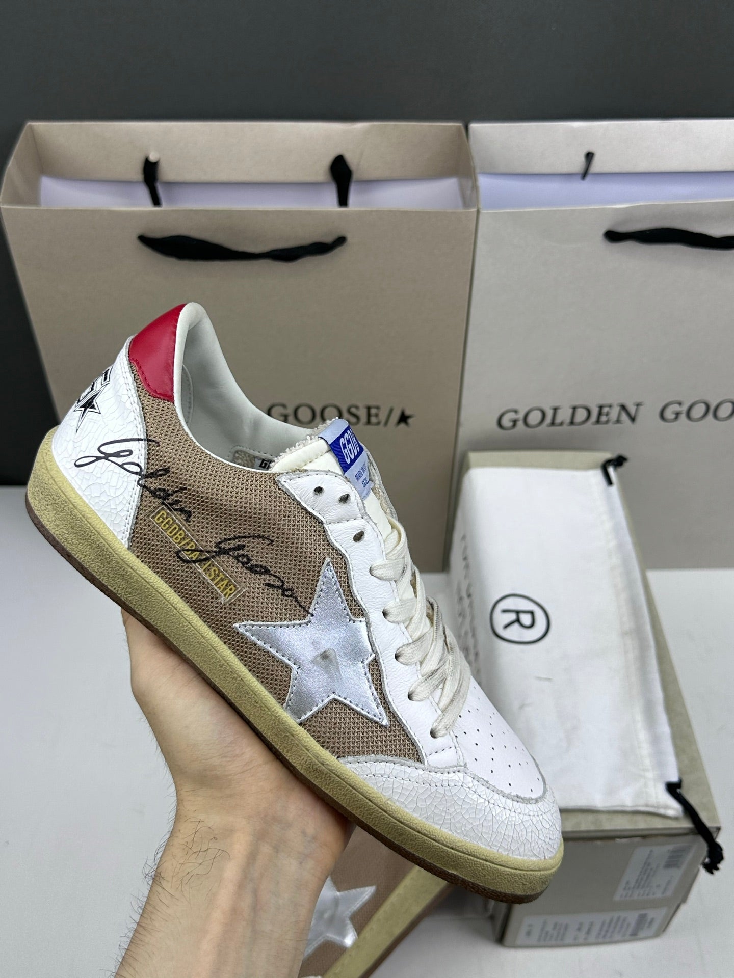 Golden Goose Ball-Star 'Brown Mesh Silver Star/Red Heel Tab'