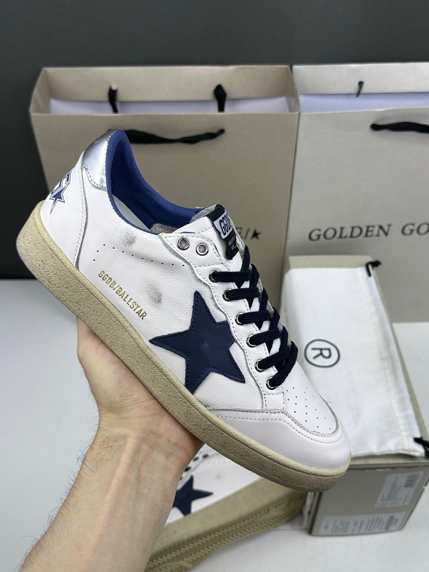 Golden Goose Ball-Star 'Dark Blue Leather Star/Silver Heel Tab'