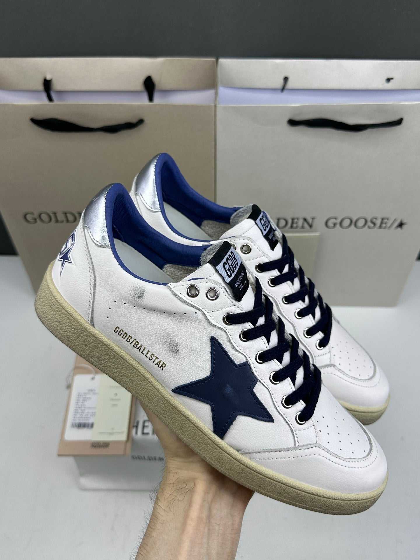 Golden Goose Ball-Star 'Dark Blue Leather Star/Silver Heel Tab'