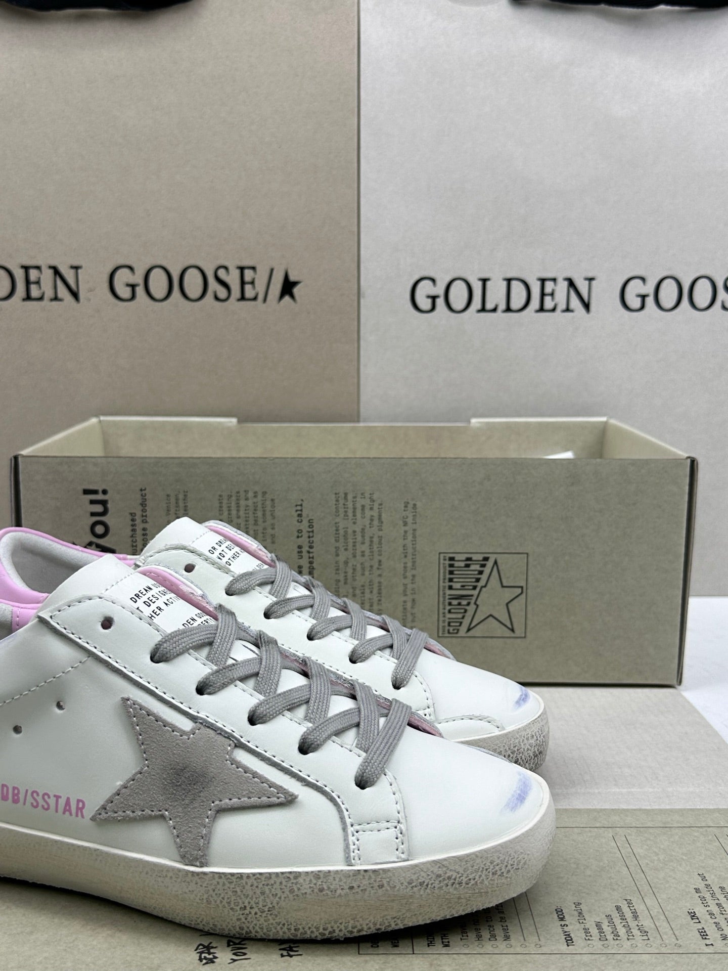 Golden Goose Super-Star 'Grey Suede Star/Pink Leather Heel Tab'