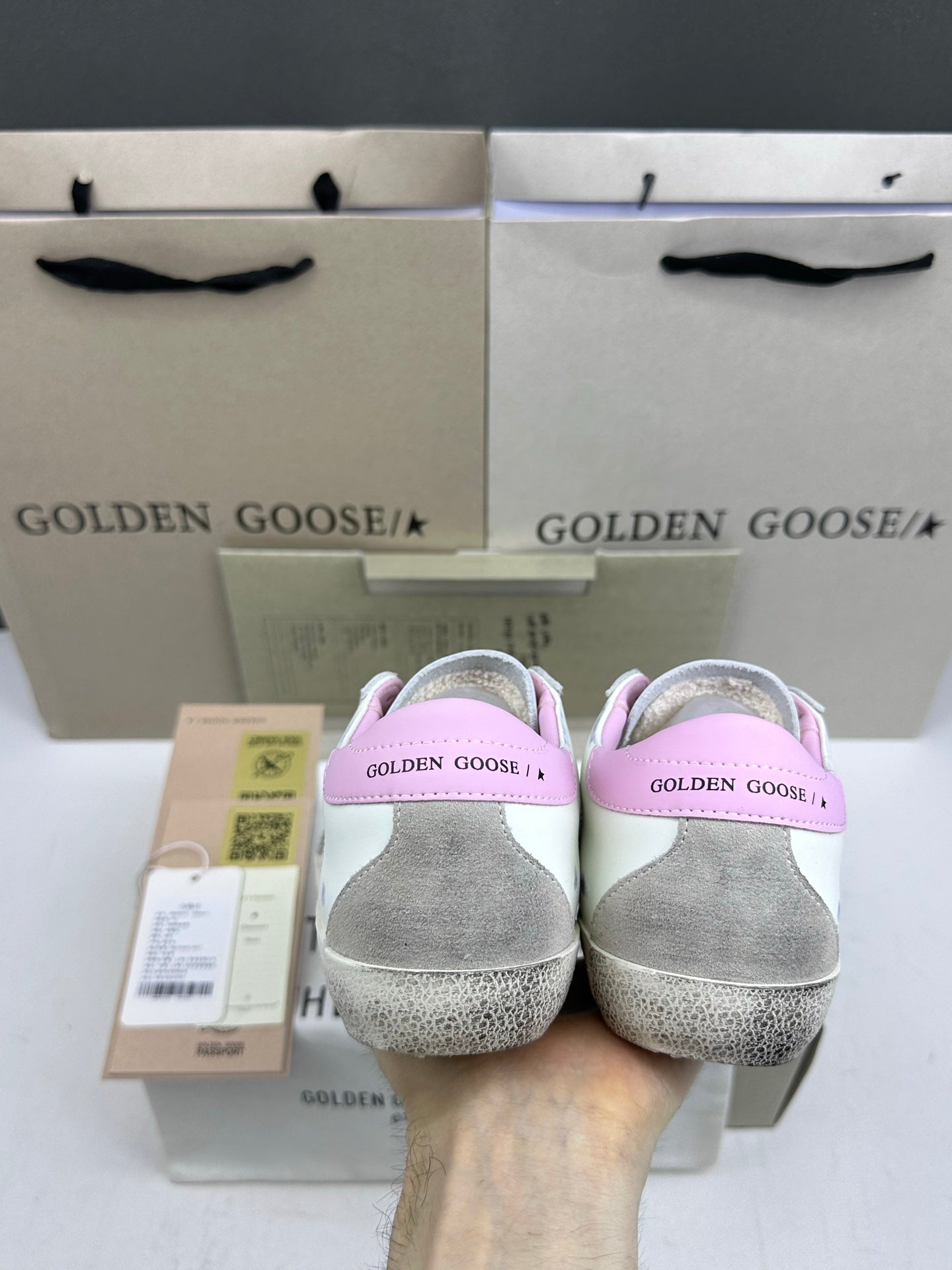 Golden Goose Super-Star 'Grey Suede Star/Pink Leather Heel Tab'