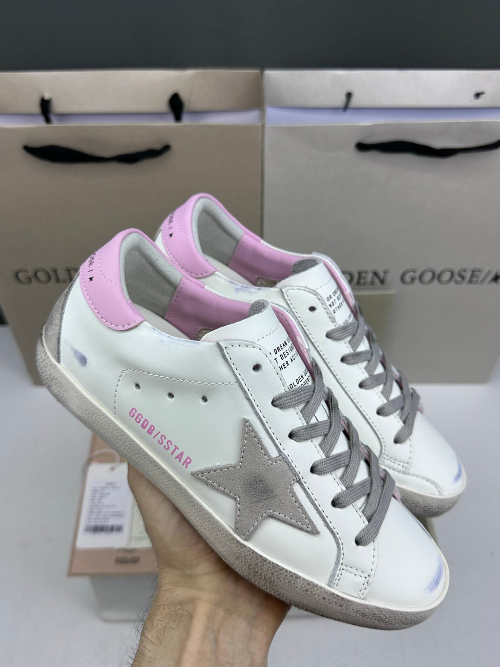 Golden Goose Super-Star 'Grey Suede Star/Pink Leather Heel Tab'