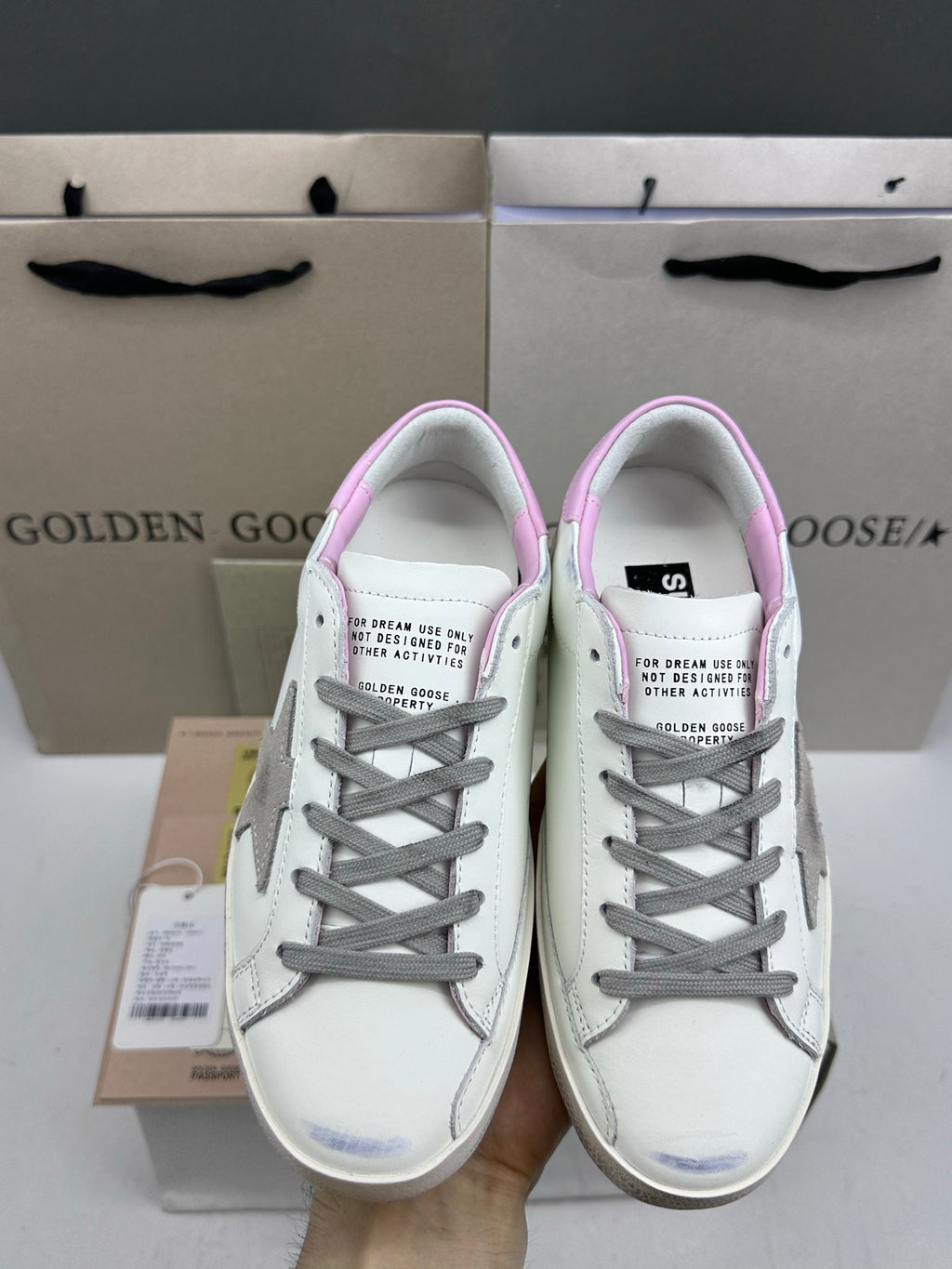 Golden Goose Super-Star 'Grey Suede Star/Pink Leather Heel Tab'