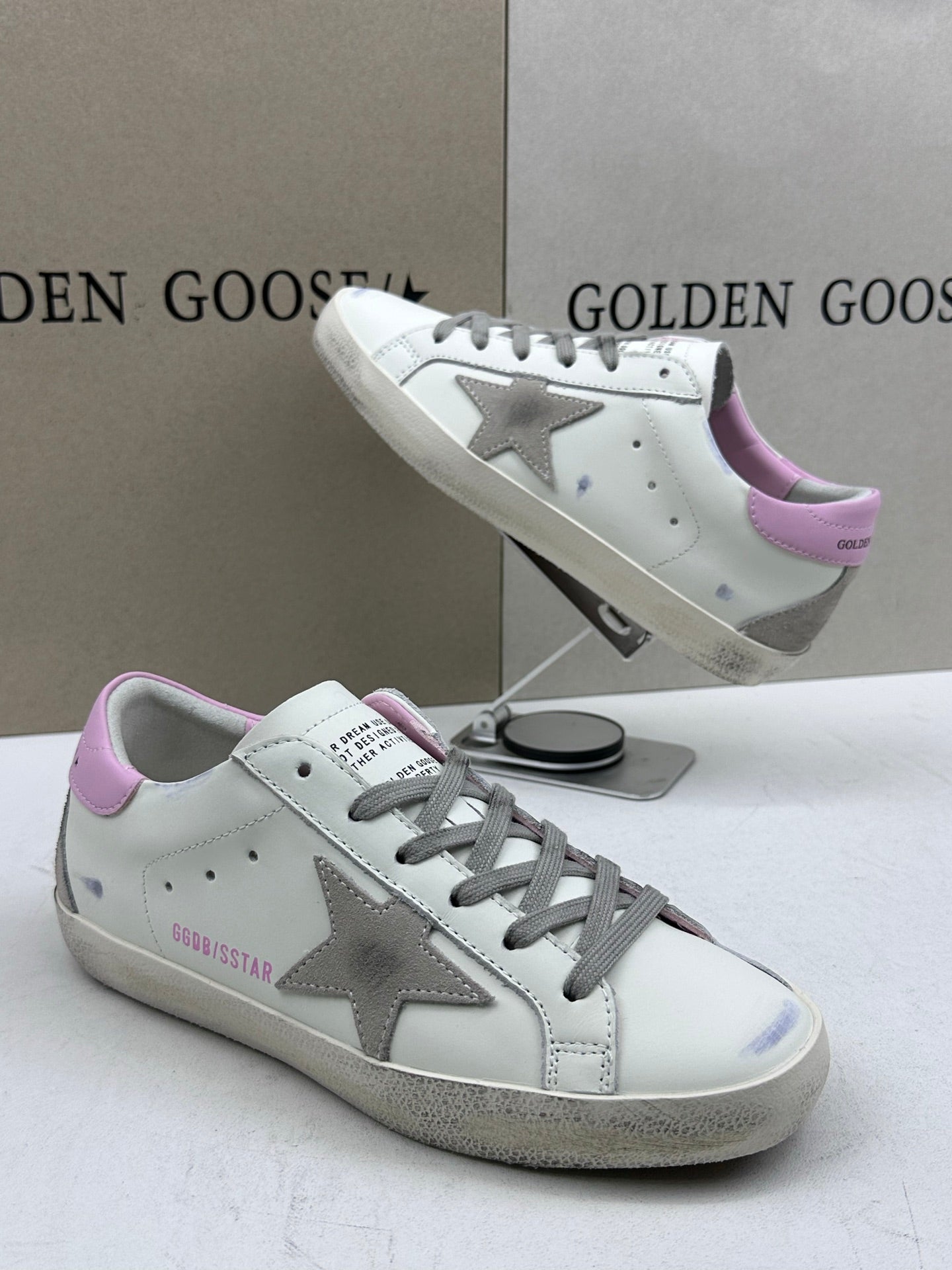 Golden Goose Super-Star 'Grey Suede Star/Pink Leather Heel Tab'
