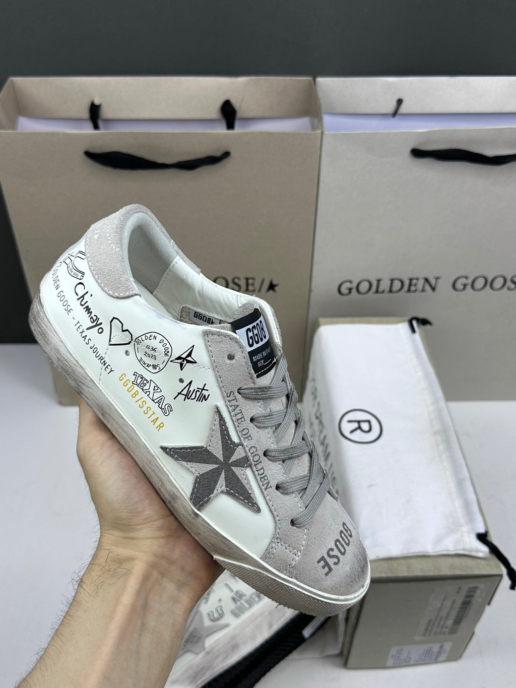 Golden Goose Super-Star 'Texas Journey Grey Suede Star & Heel Tab'