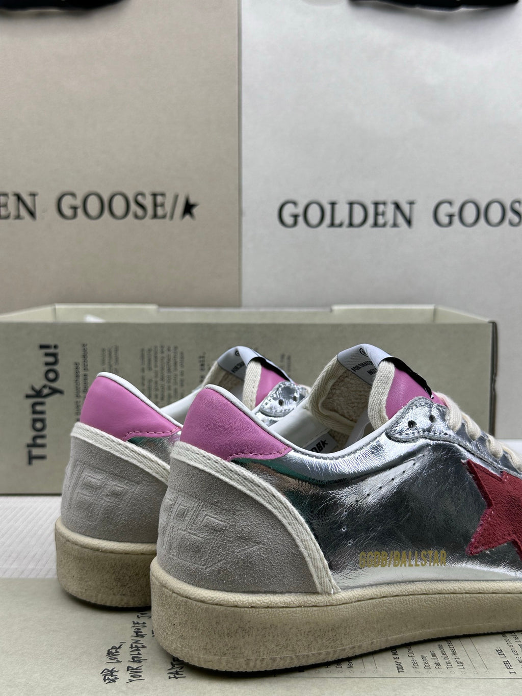 Golden Goose Ball-Star 'Silver Red Suede Star/Pink Heel Tab'