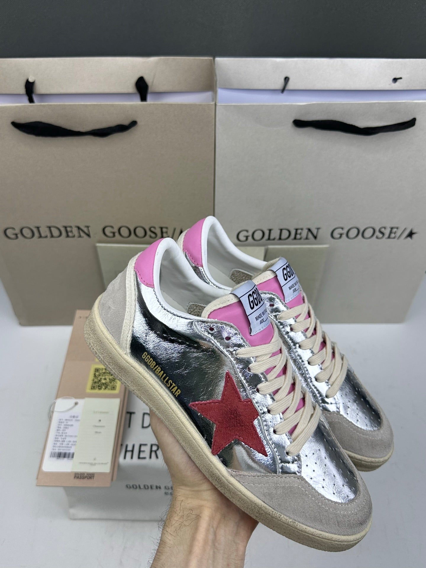 Golden Goose Ball-Star 'Silver Red Suede Star/Pink Heel Tab'