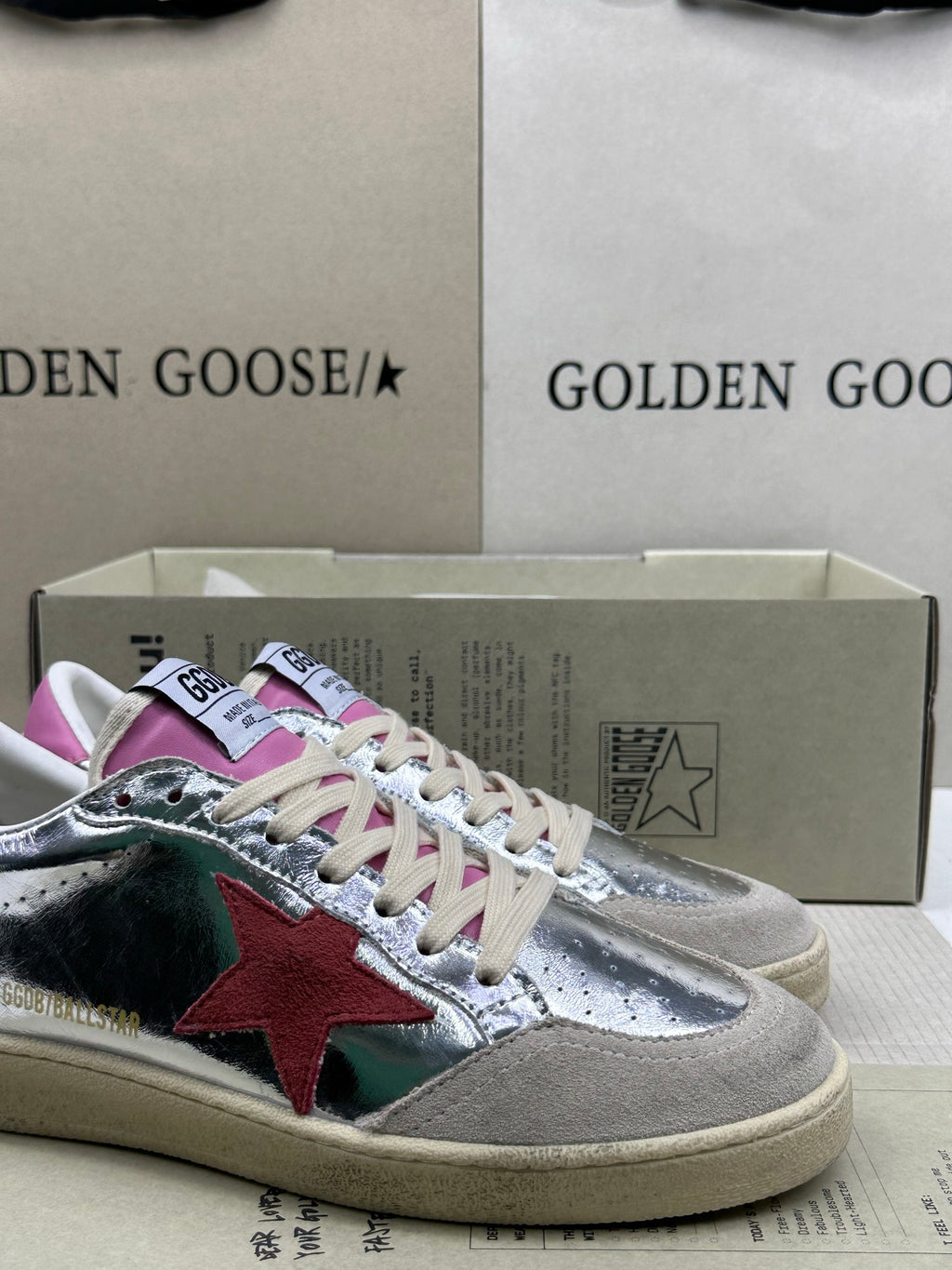 Golden Goose Ball-Star 'Silver Red Suede Star/Pink Heel Tab'