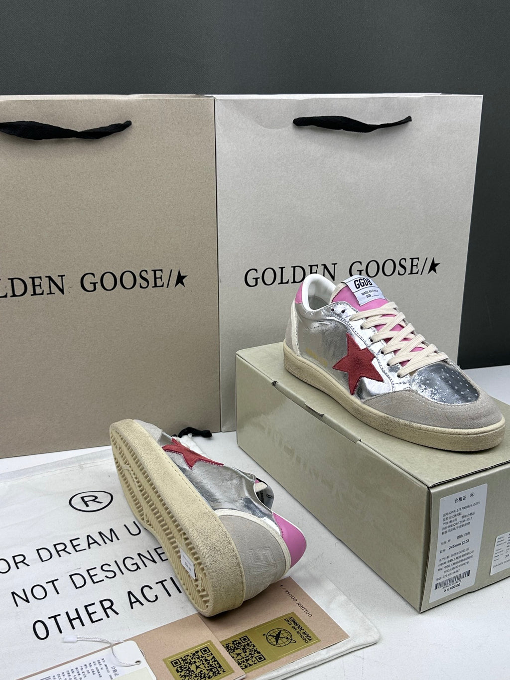 Golden Goose Ball-Star 'Silver Red Suede Star/Pink Heel Tab'
