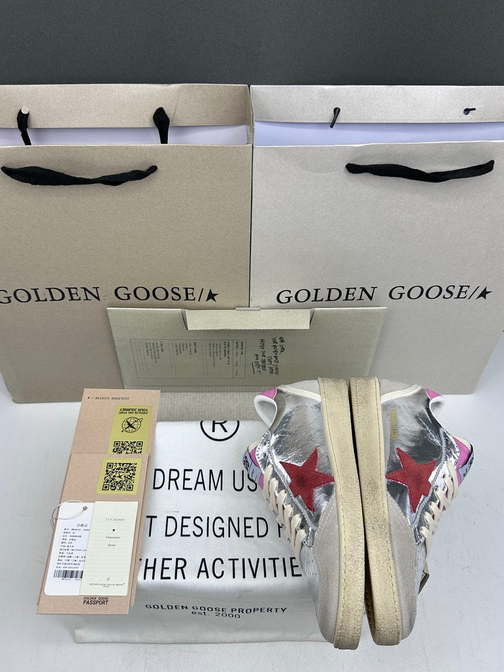 Golden Goose Ball-Star 'Silver Red Suede Star/Pink Heel Tab'