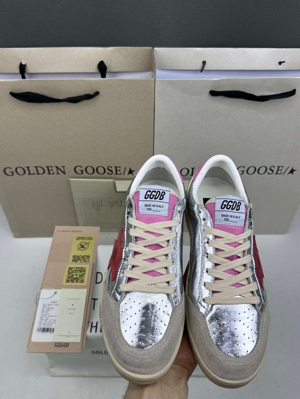 Golden Goose Ball-Star 'Silver Red Suede Star/Pink Heel Tab'
