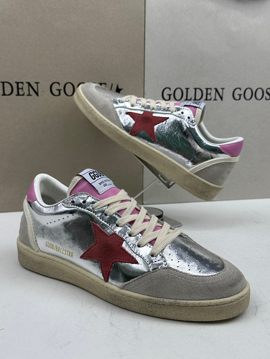 Golden Goose Ball-Star 'Silver Red Suede Star/Pink Heel Tab'