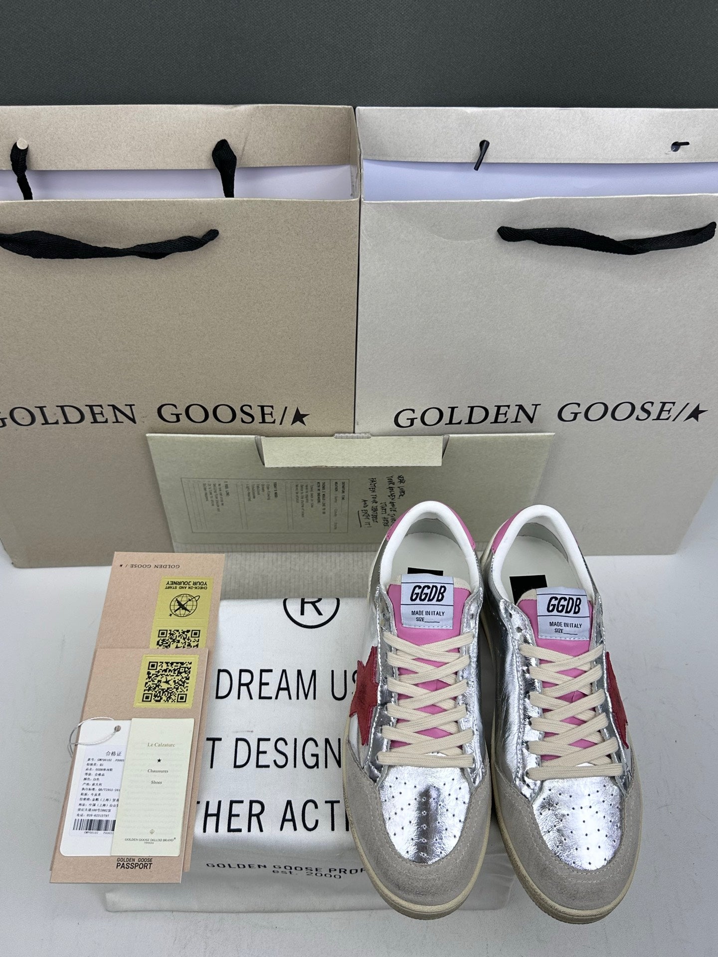 Golden Goose Ball-Star 'Silver Red Suede Star/Pink Heel Tab'
