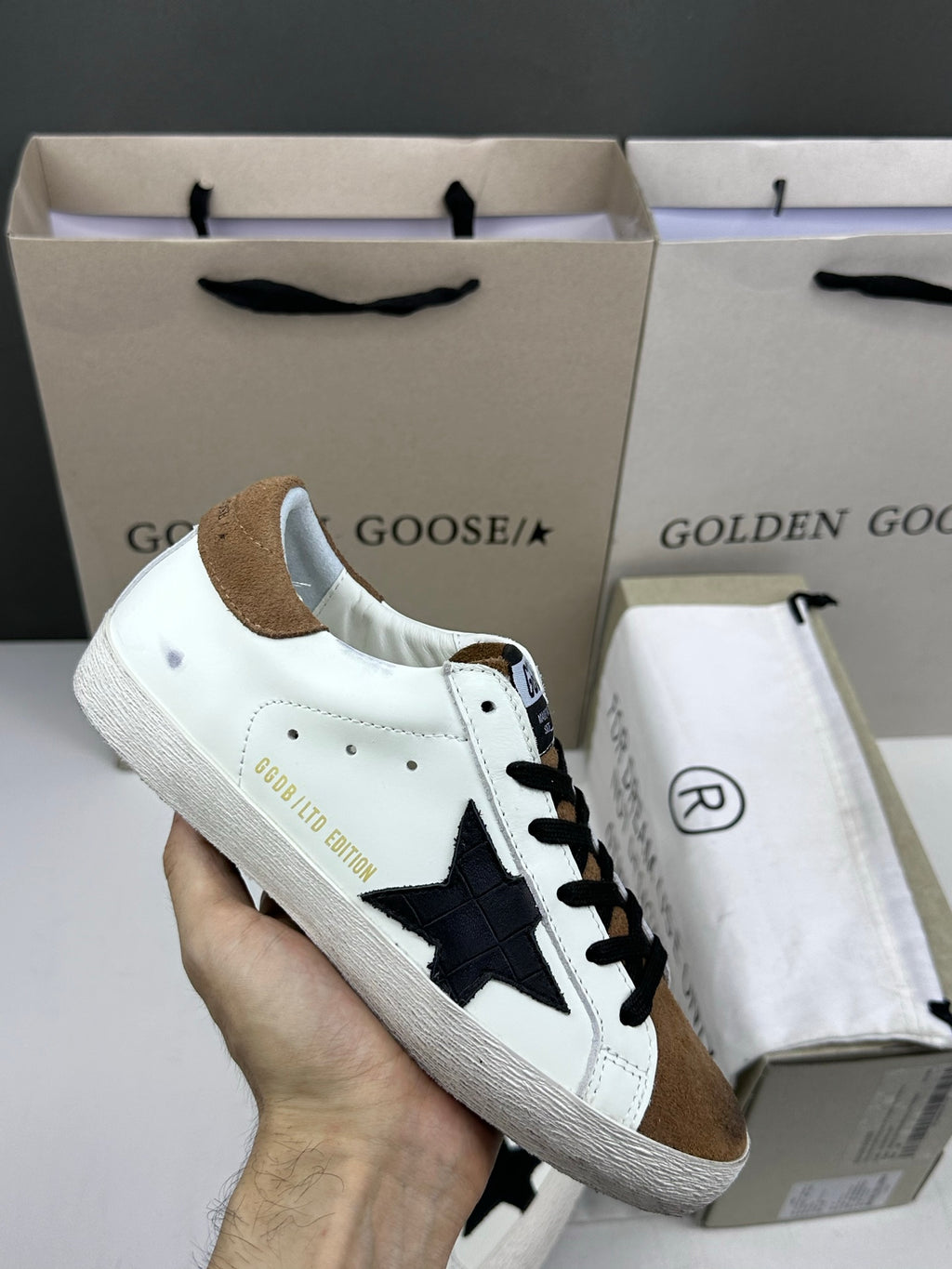 Golden Goose Super-Star 'Black Crocodile Print Star/Brown Suede Heel Tab'