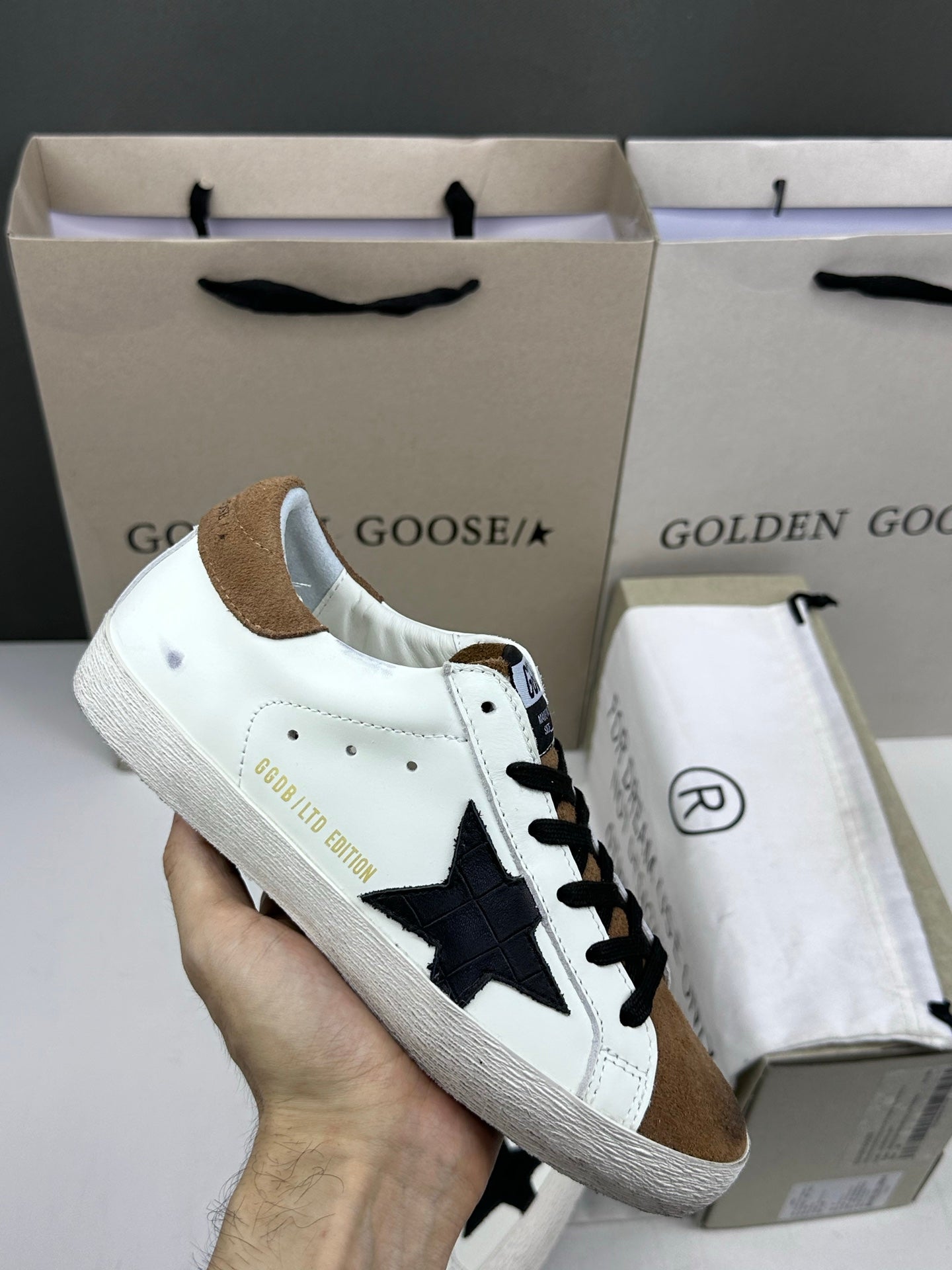 Golden Goose Super-Star 'Black Crocodile Print Star/Brown Suede Heel Tab'