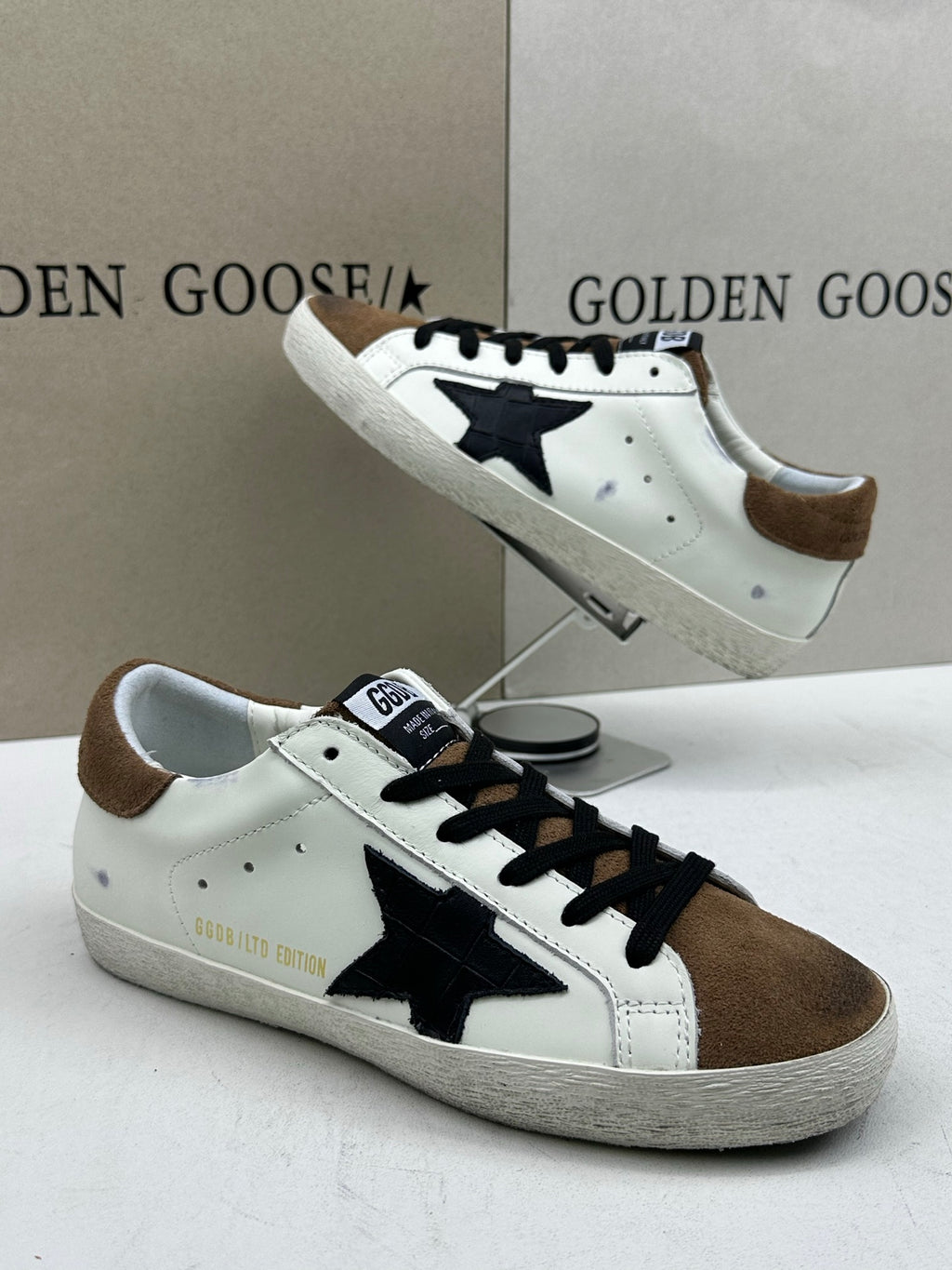 Golden Goose Super-Star 'Black Crocodile Print Star/Brown Suede Heel Tab'