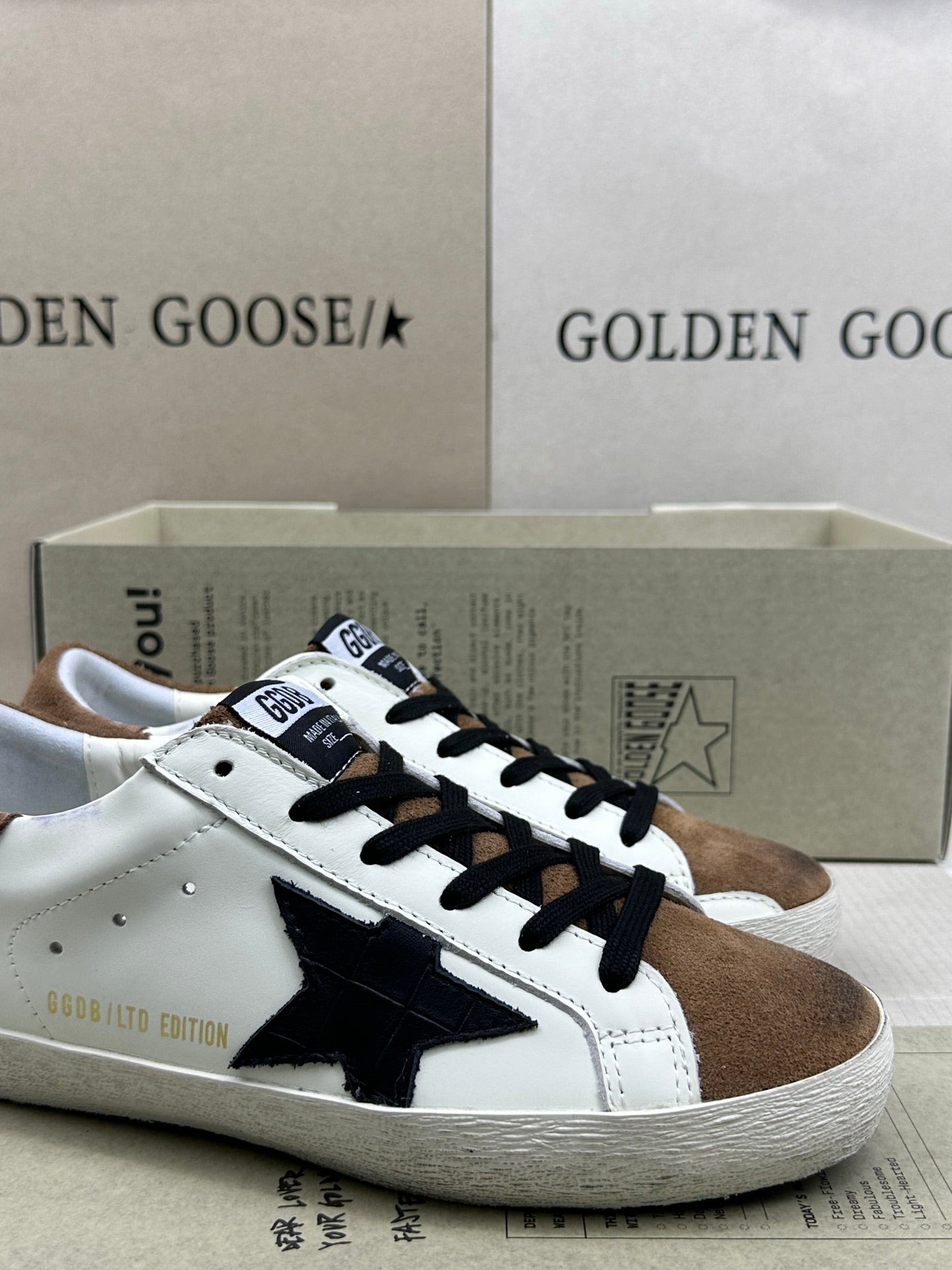 Golden Goose Super-Star 'Black Crocodile Print Star/Brown Suede Heel Tab'