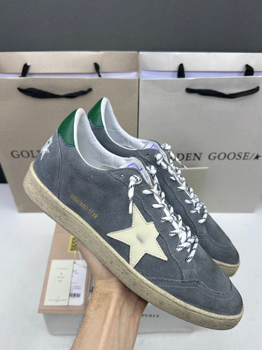 Golden Goose Ball-Star 'Grey Suede Cream Star/Green Tab
