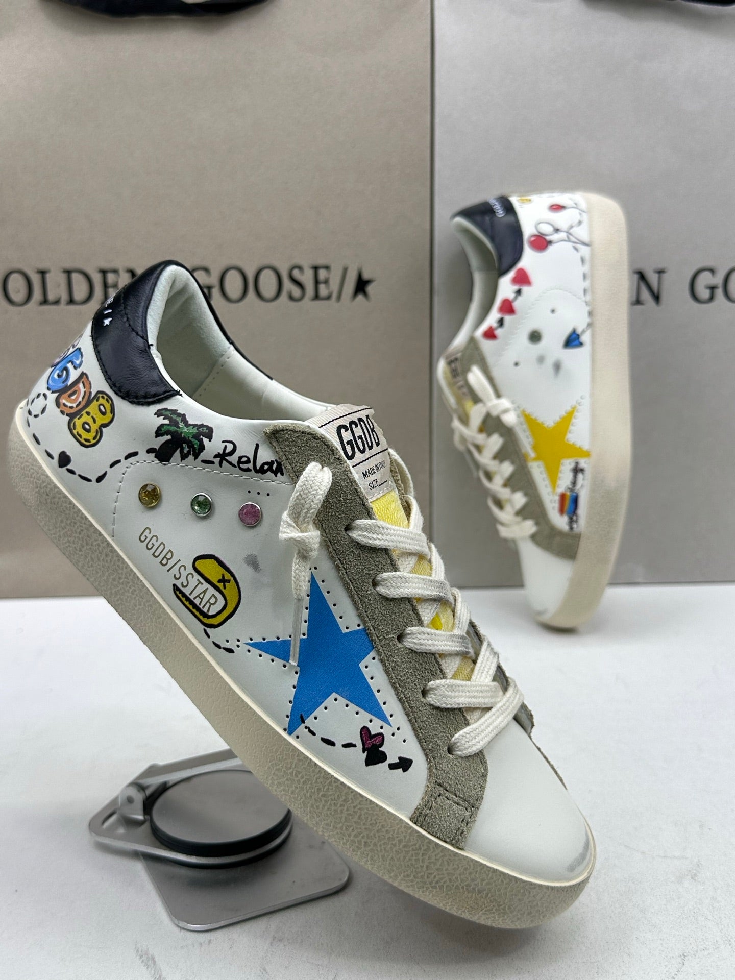 Golden Goose Super-Star 'White Leather With Graffiti Doodles Blue Star/Black Tab'