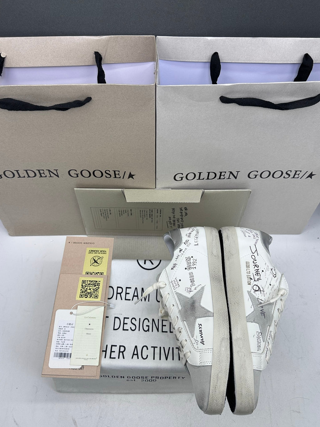 Golden Goose Super-Star 'White Leather With Graffiti Text Grey Star/Silver Tab'