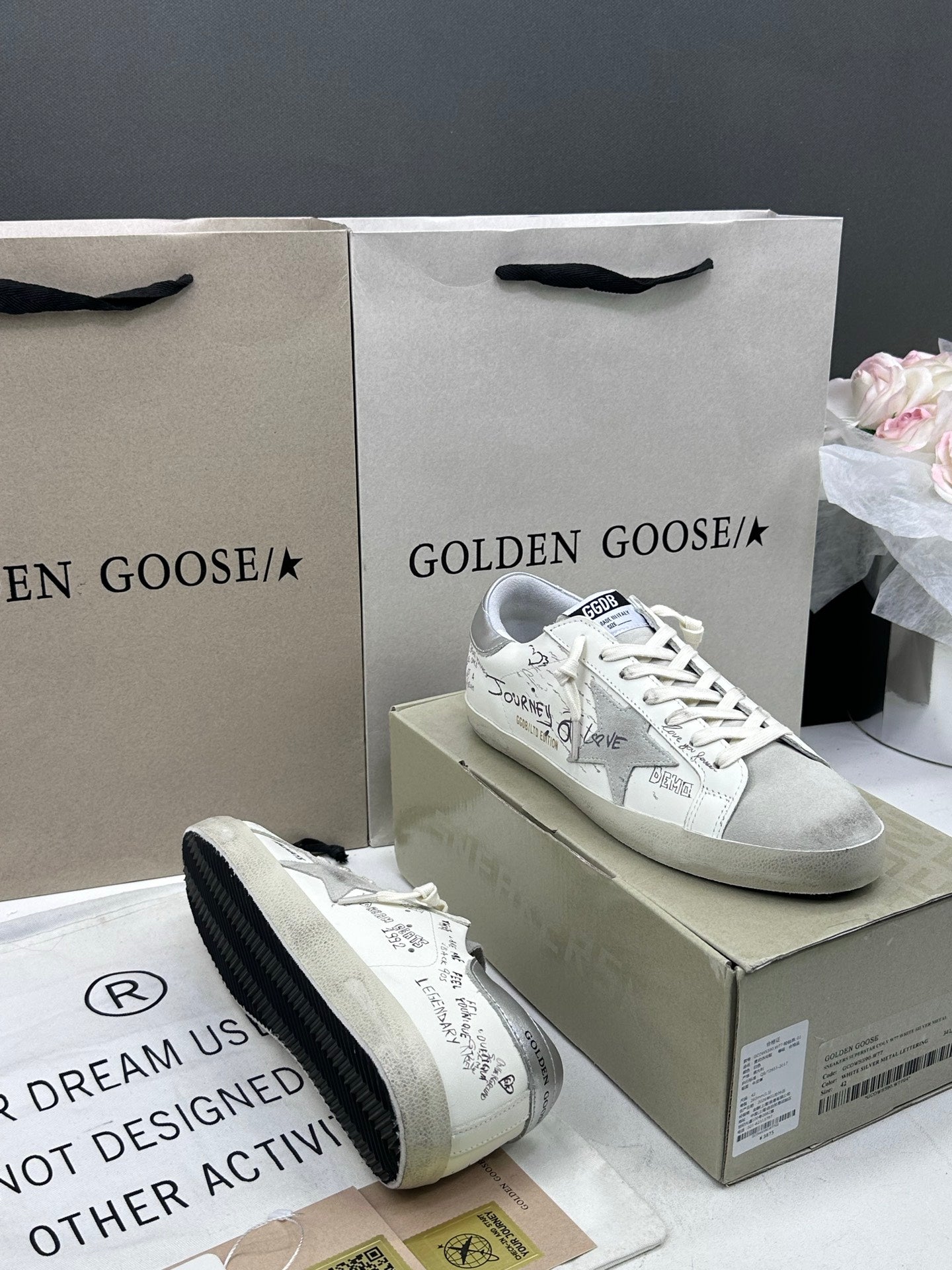 Golden Goose Super-Star 'White Leather With Graffiti Text Grey Star/Silver Tab'