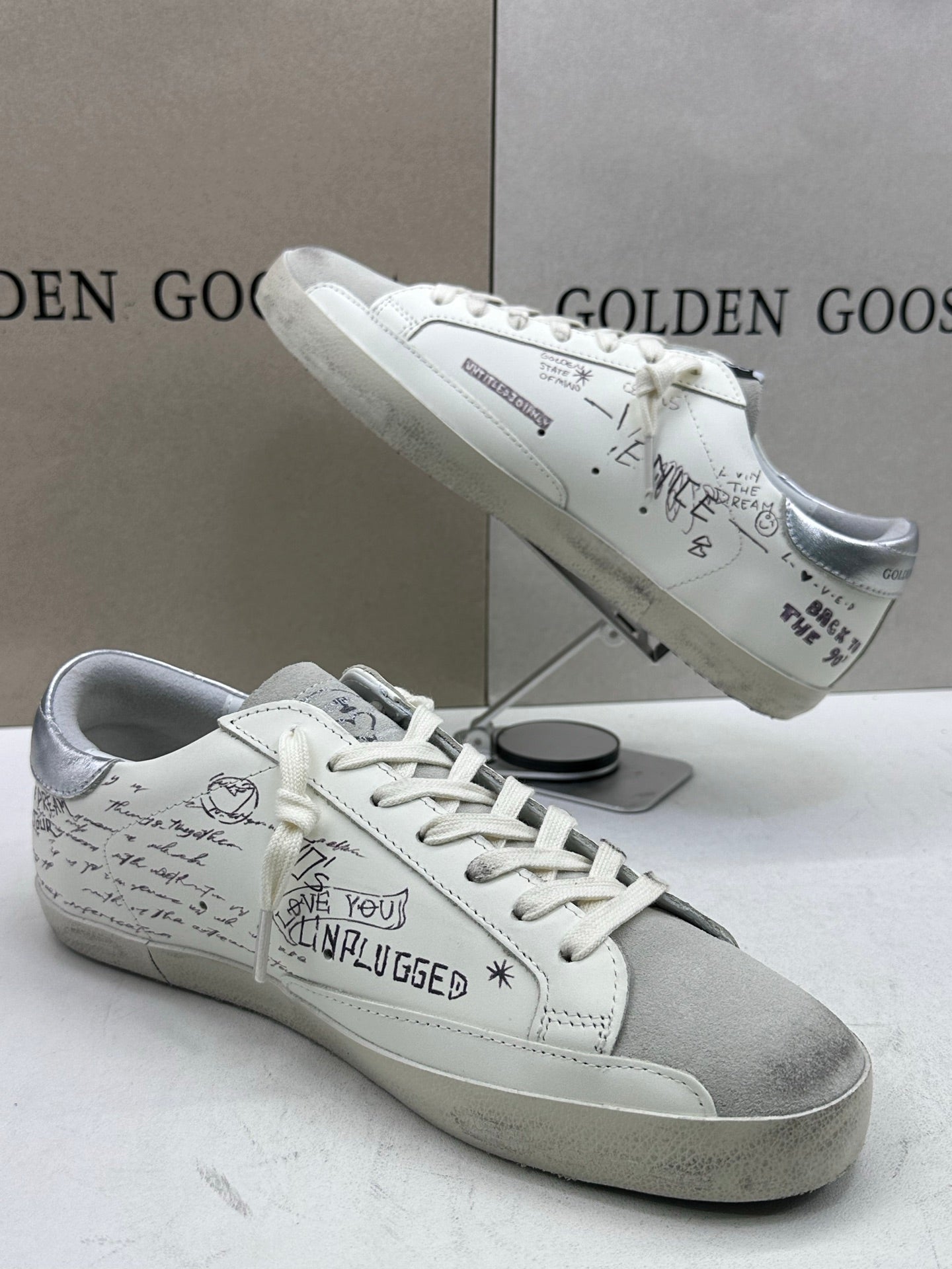 Golden Goose Super-Star 'White Leather With Graffiti Text Grey Star/Silver Tab'