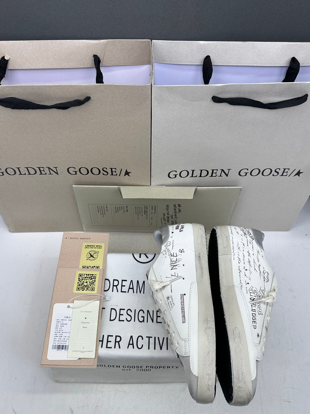 Golden Goose Super-Star 'White Leather With Graffiti Text Grey Star/Silver Tab'