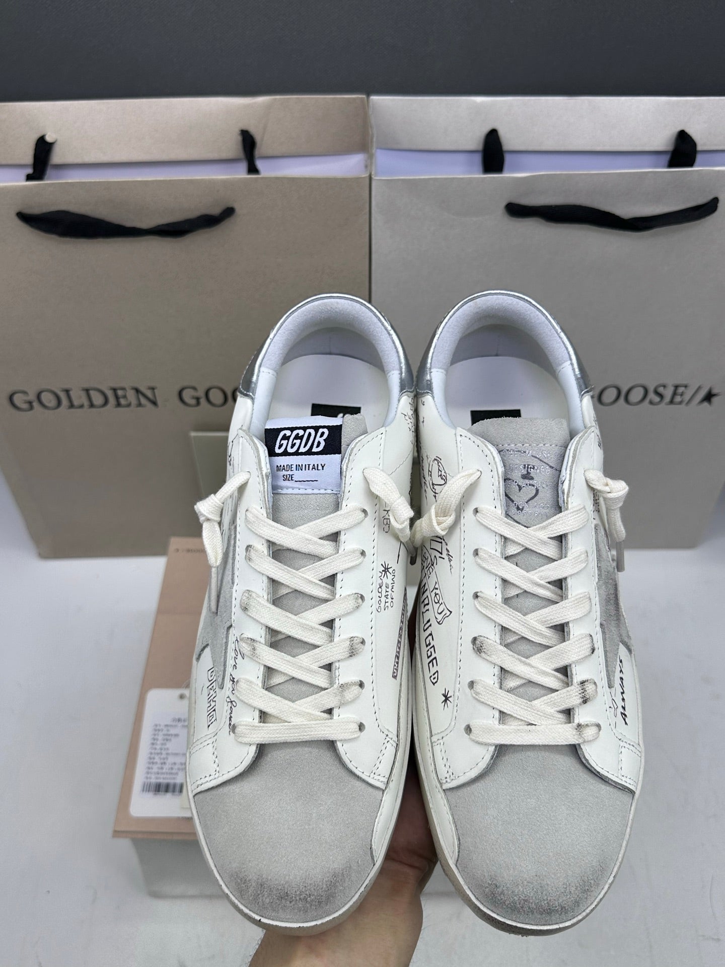 Golden Goose Super-Star 'White Leather With Graffiti Text Grey Star/Silver Tab'