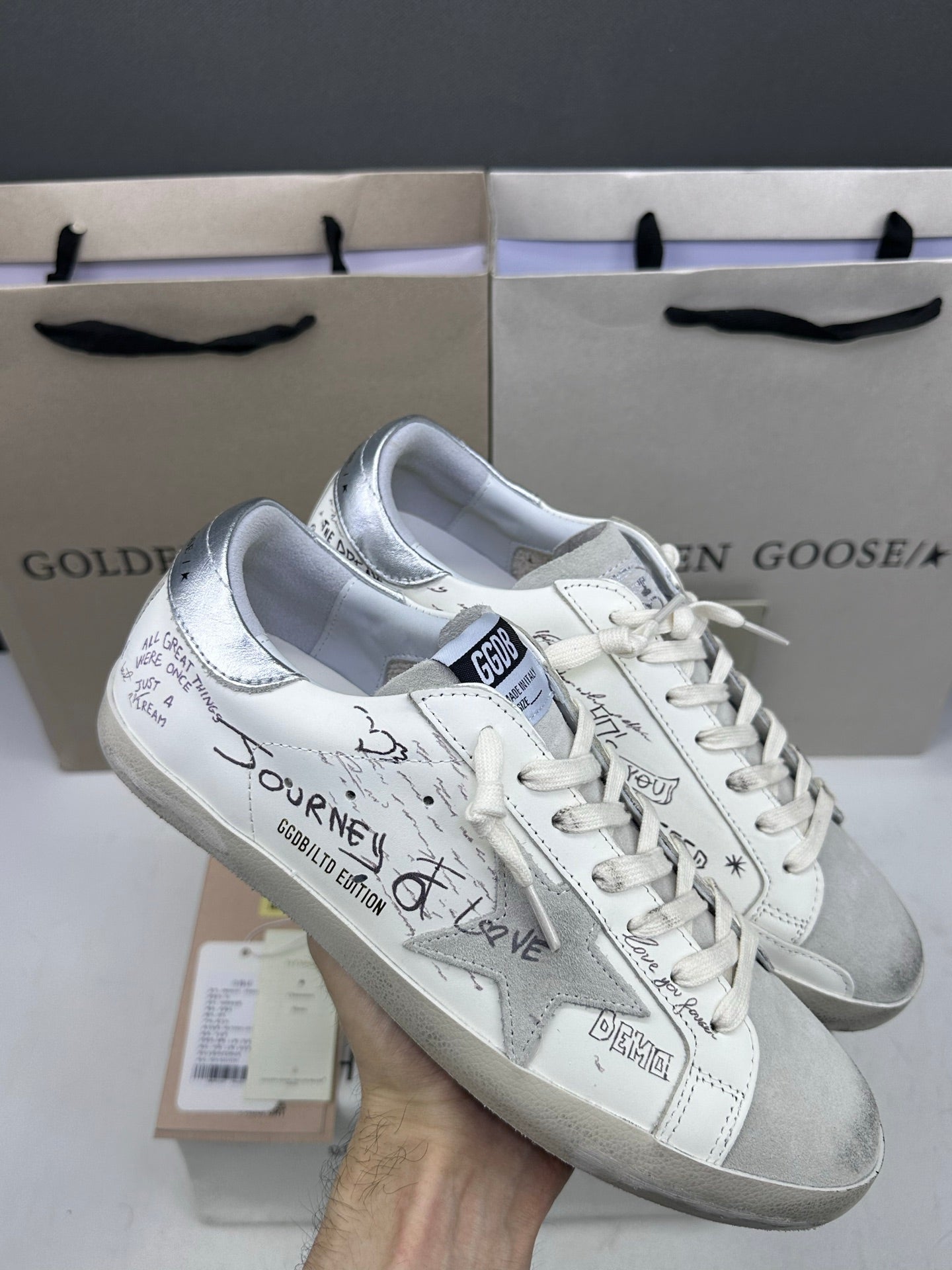 Golden Goose Super-Star 'White Leather With Graffiti Text Grey Star/Silver Tab'