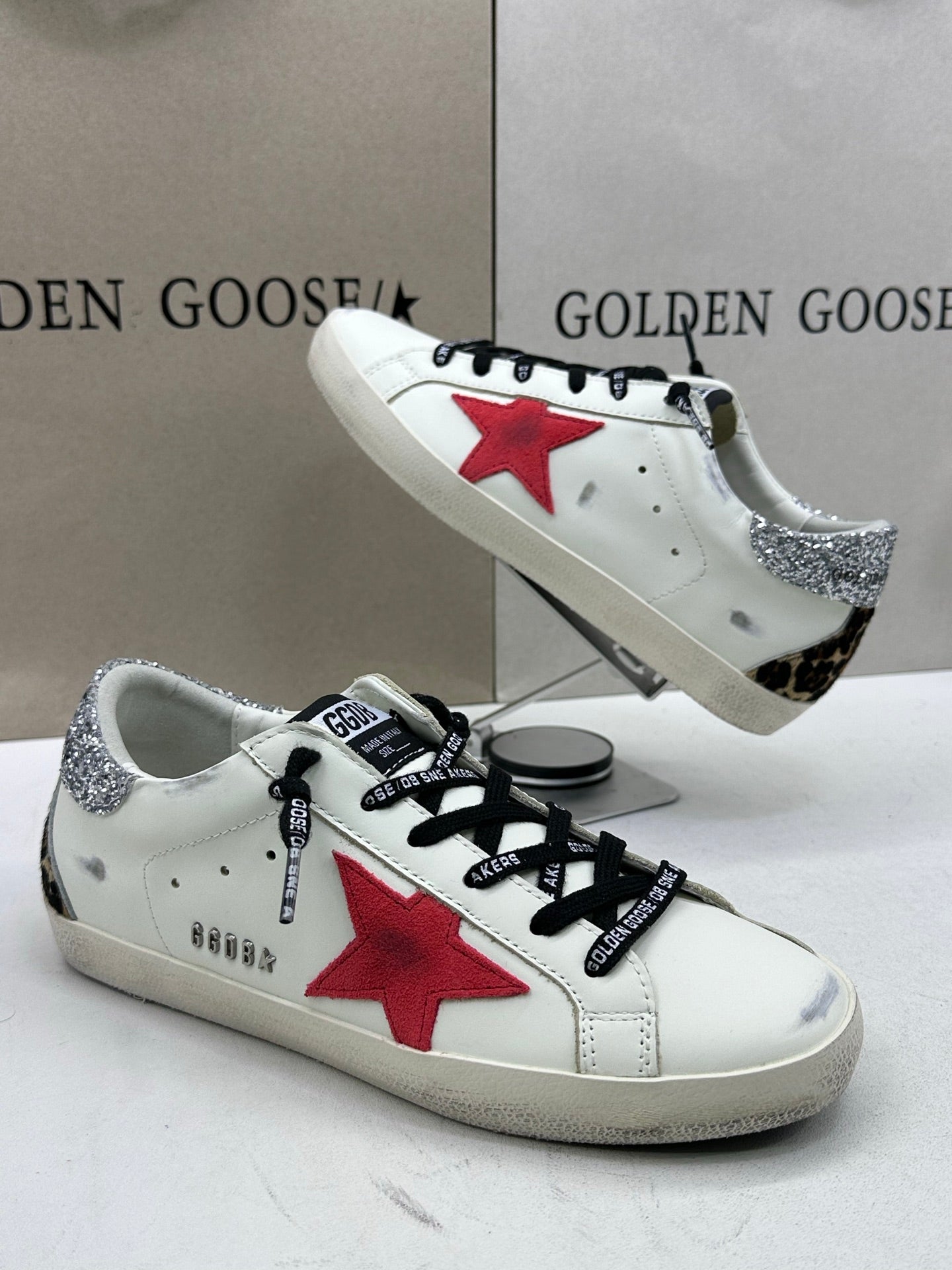 Golden Goose Super-Star 'Red Star/Silver Glitter & Leopard Print Heel Tab'