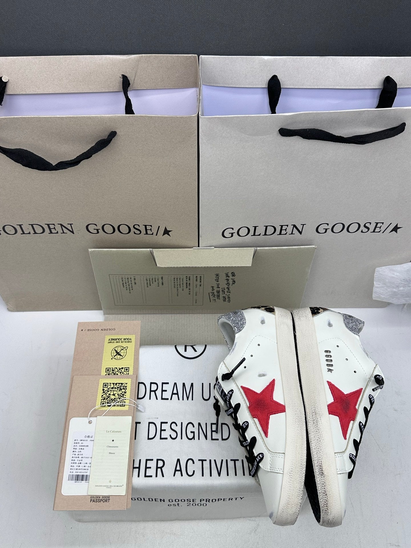 Golden Goose Super-Star 'Red Star/Silver Glitter & Leopard Print Heel Tab'