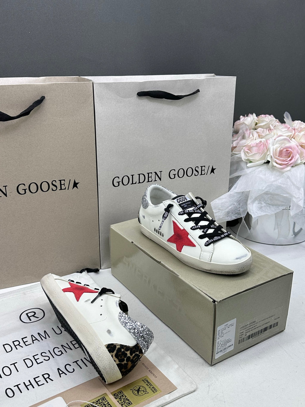 Golden Goose Super-Star 'Red Star/Silver Glitter & Leopard Print Heel Tab'
