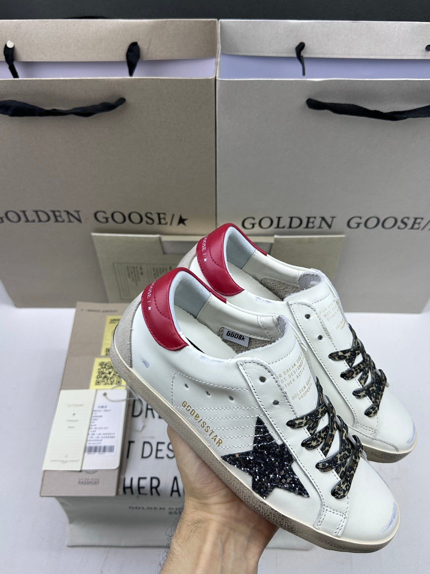 Golden Goose Super-Star 'Black Glitter Star/Red Leather Heel Tab'