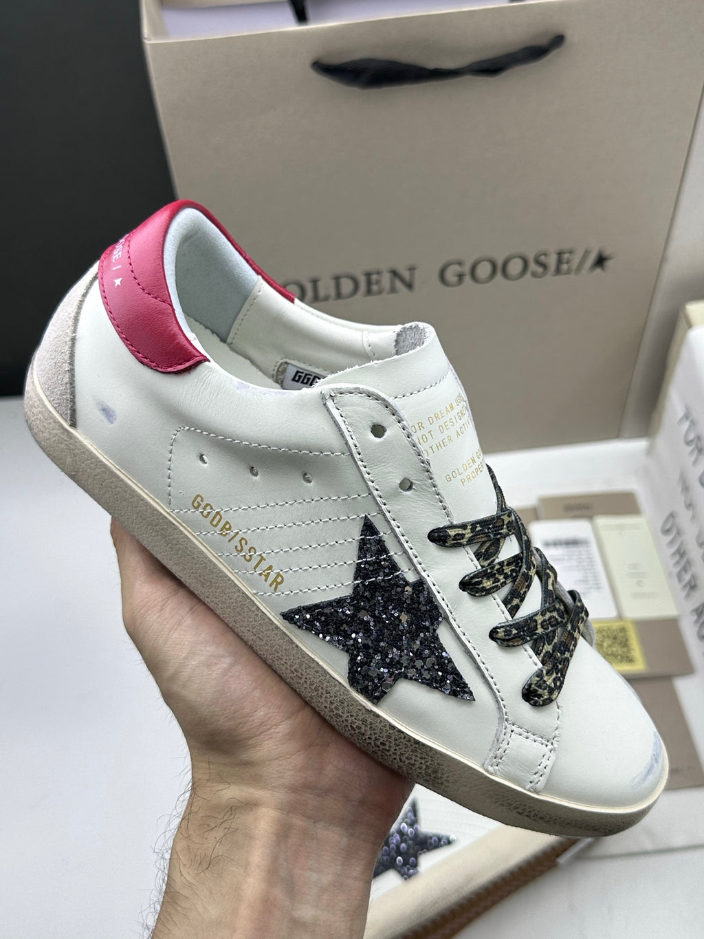 Golden Goose Super-Star 'Black Glitter Star/Red Leather Heel Tab'