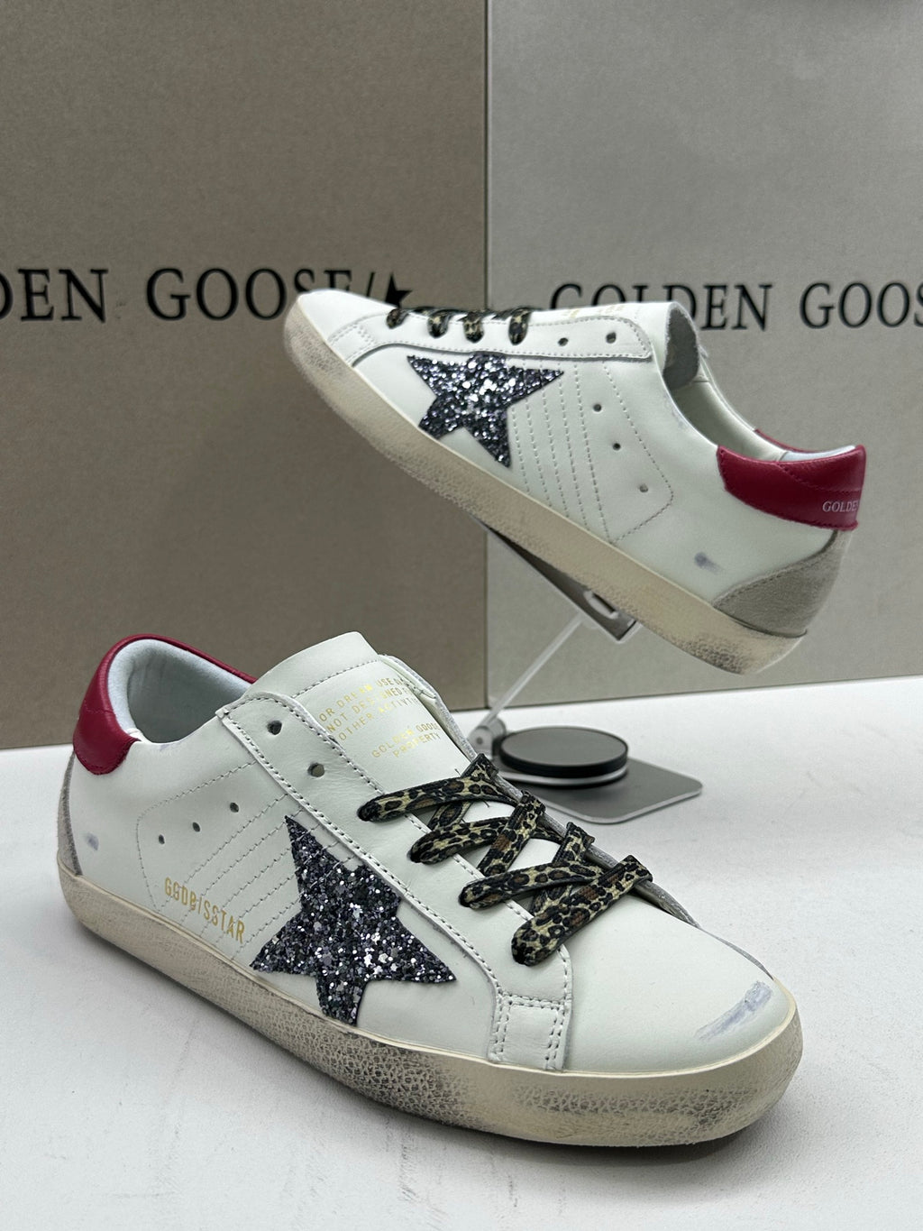 Golden Goose Super-Star 'Black Glitter Star/Red Leather Heel Tab'